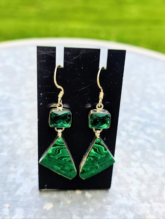 Malachite & Chrome Diopside Art Deco Earrings In 925 Sterling Silver (2.5\